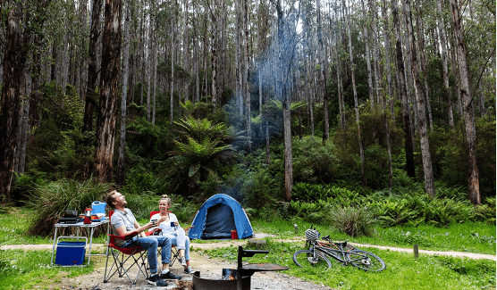 A couple camping at Lake Elizabeth Campground, Great Otway National Park